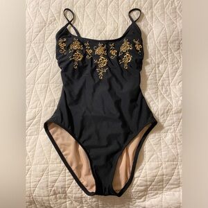 Carol Wior One Piece Slimming Swimsuit Black Gold Floral Embroidery Sz 12 USA